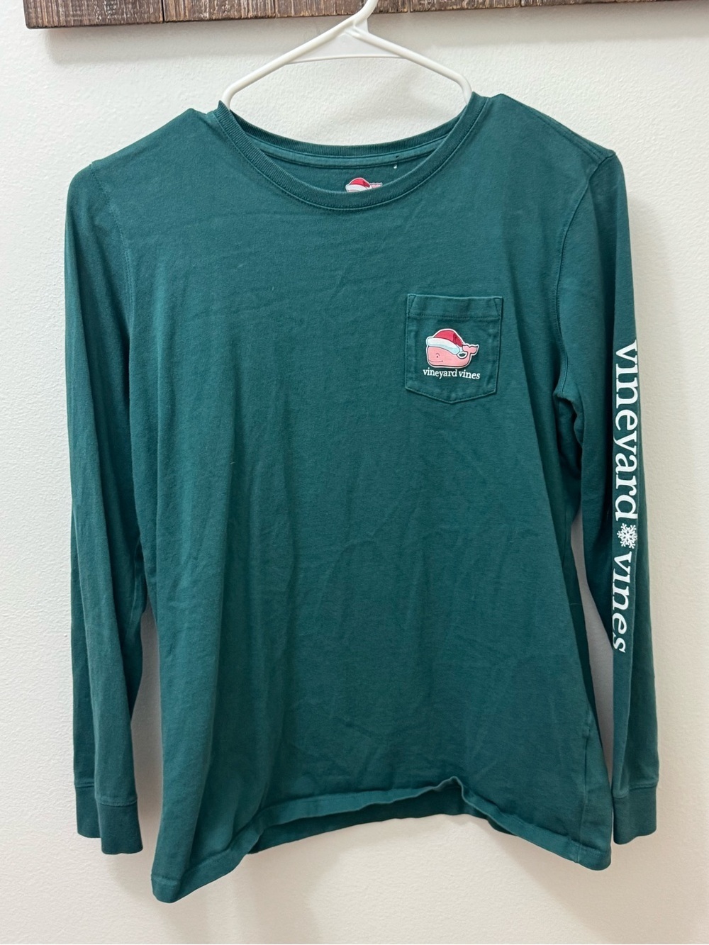 Vineyard Vines Long Sleeve Pocket Tee - Deep Teal Green Christmas Santa Hat